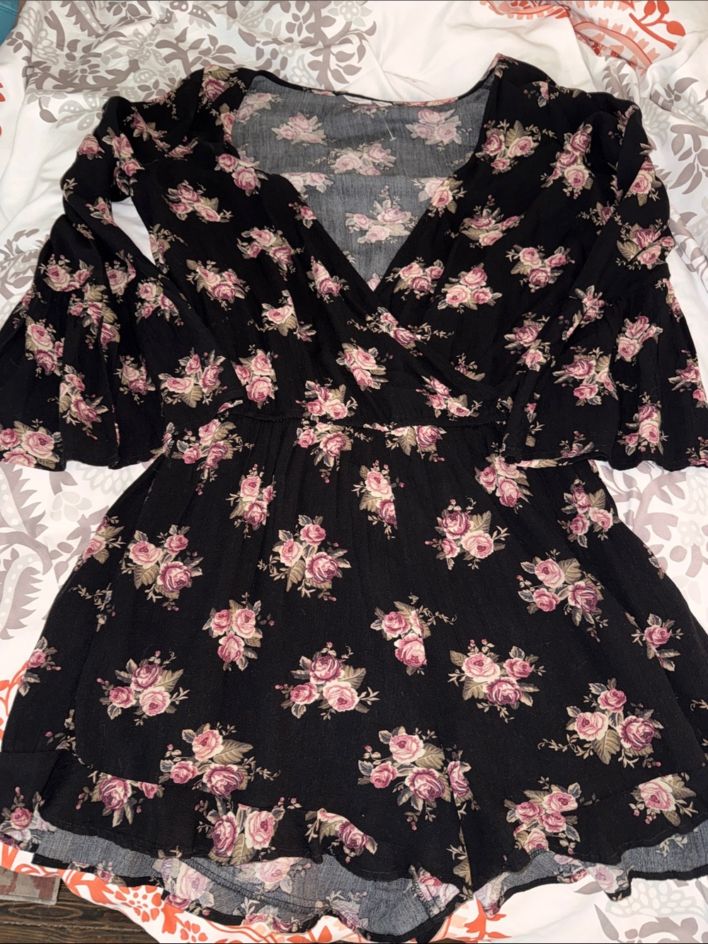 American Eagle Outfitters Black Romper with Pink Rose Print